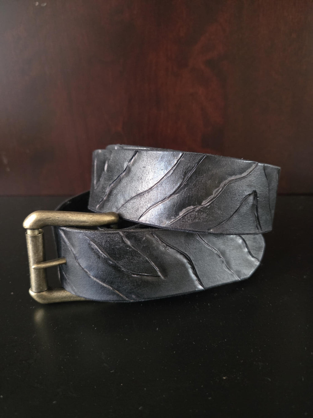 Distressed handmade black on black tiger stripe belt (made to your size).