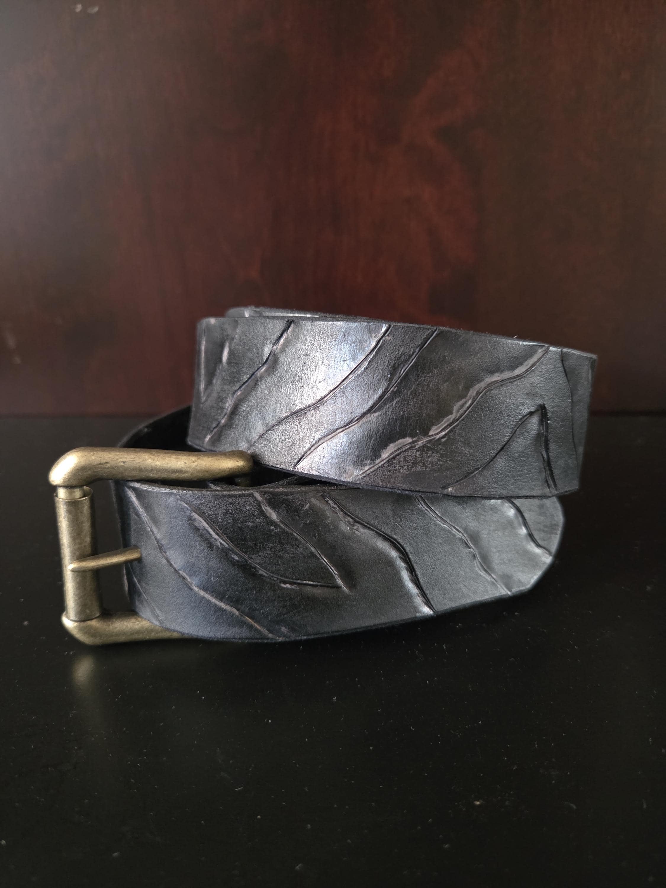 Distressed handmade black on black tiger stripe belt (made to your size).
