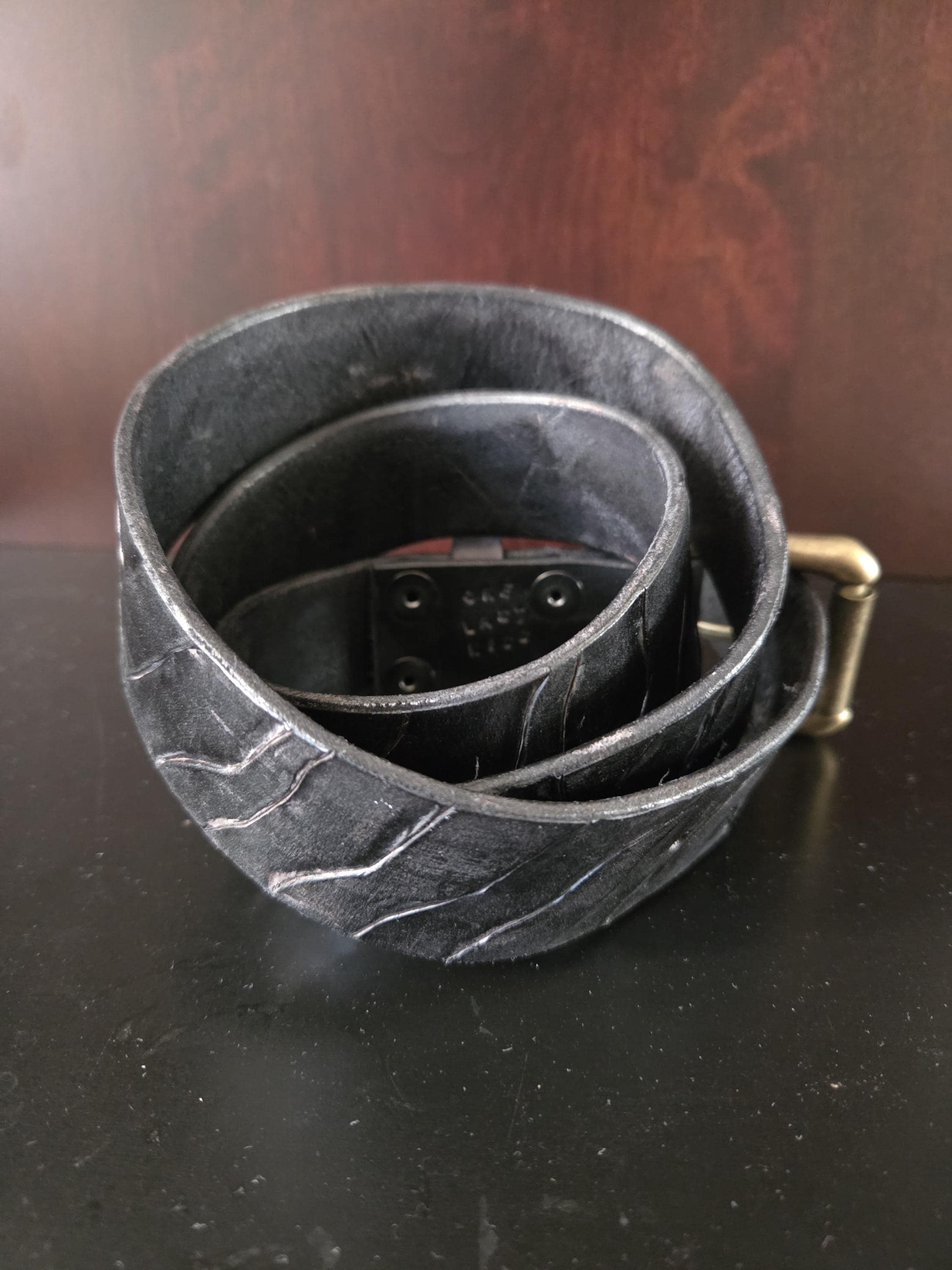 Distressed handmade black on black tiger stripe belt (made to your size).