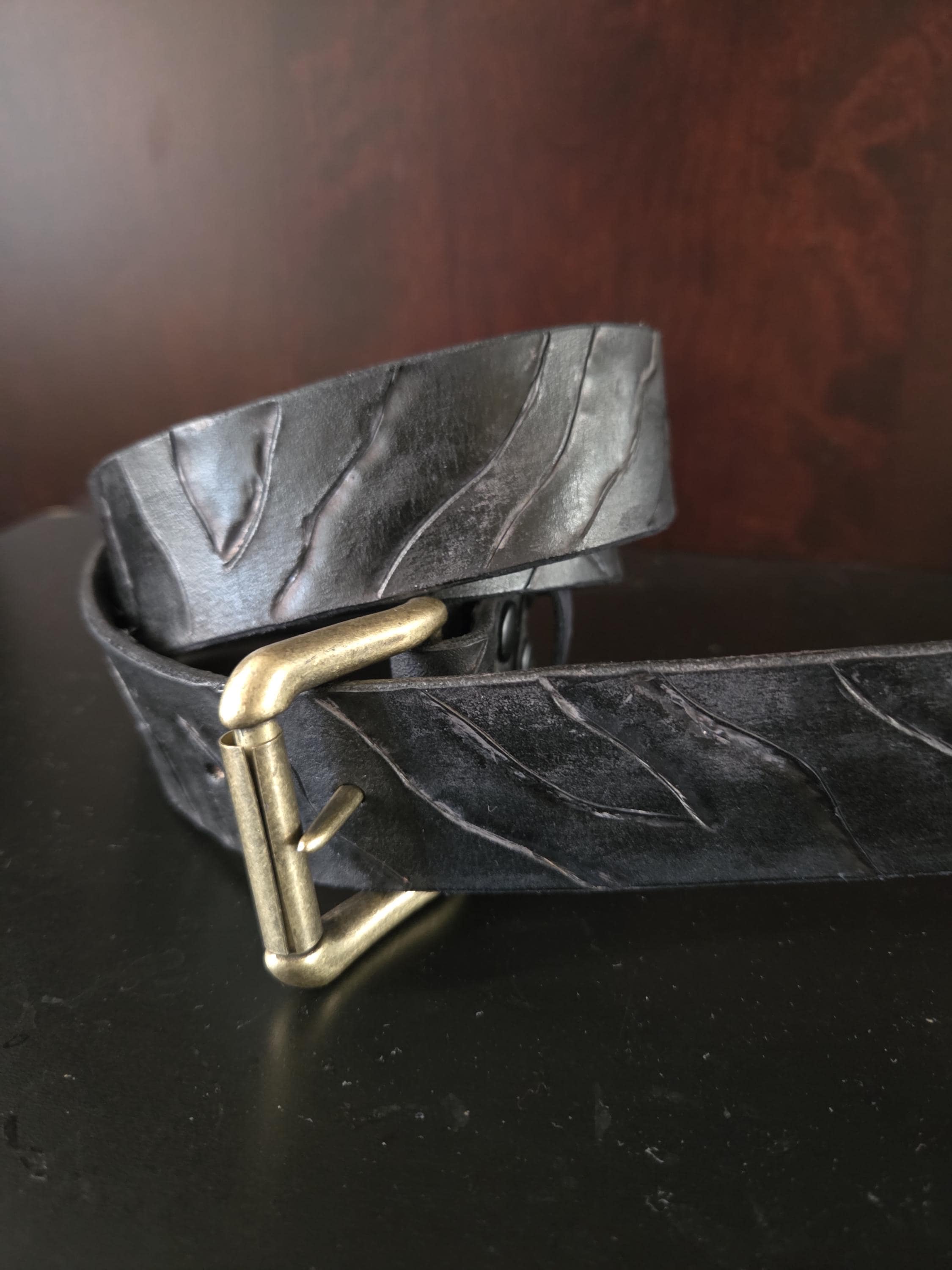 Distressed handmade black on black tiger stripe belt (made to your size).