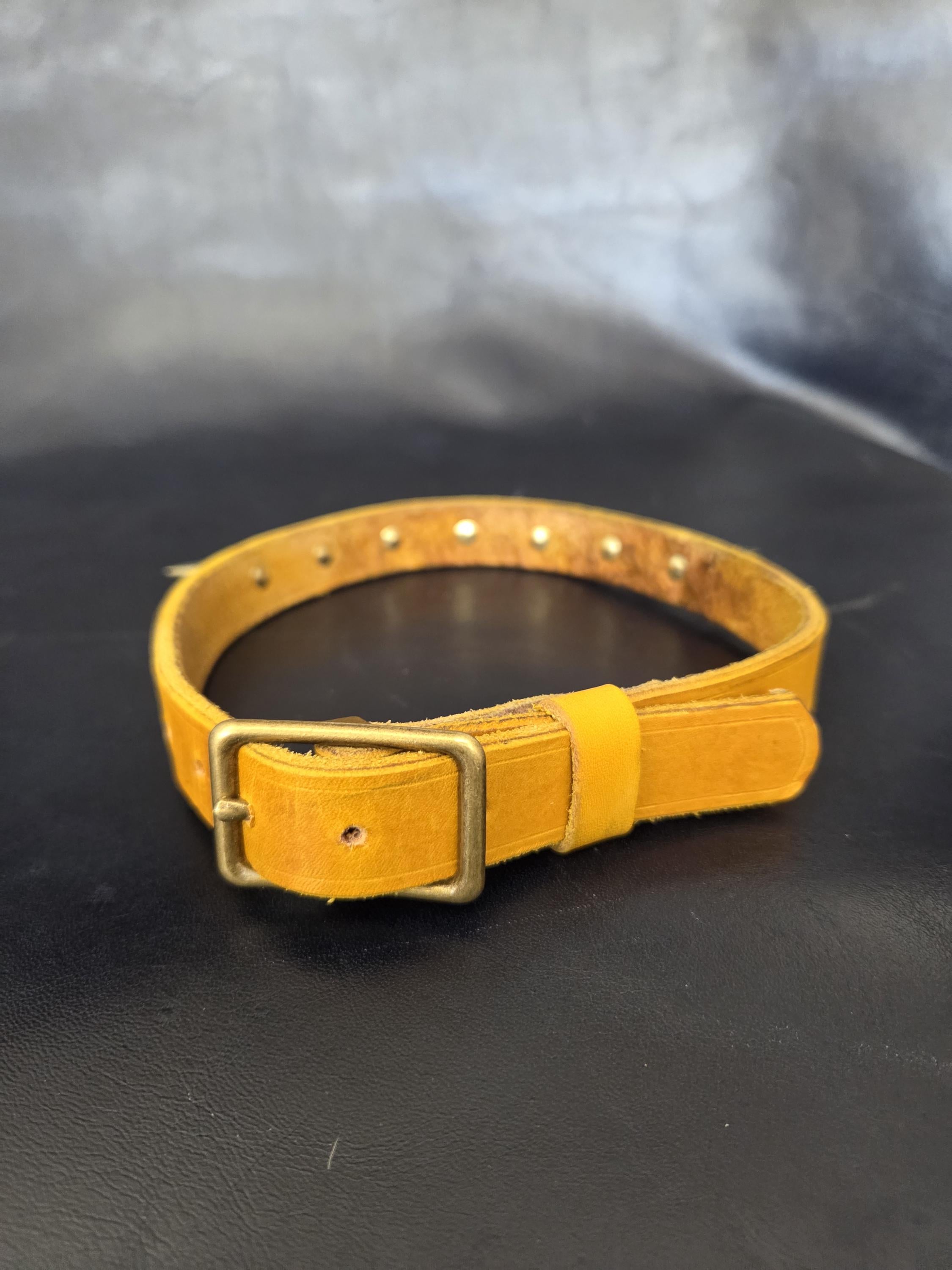 Yellow leather spiked choker necklace collar size LG.