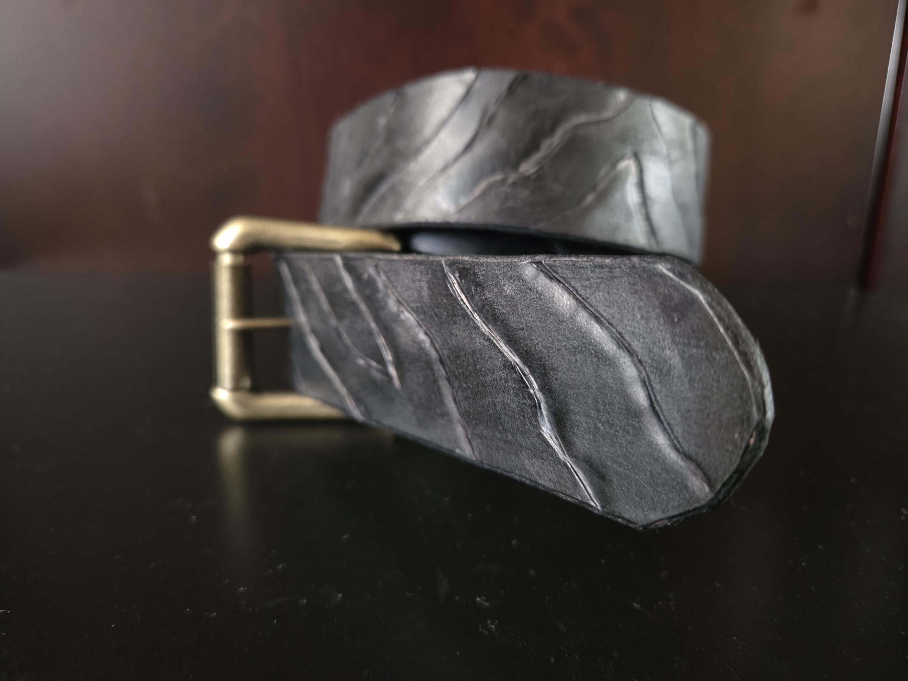 Distressed handmade black on black tiger stripe belt (made to your size).