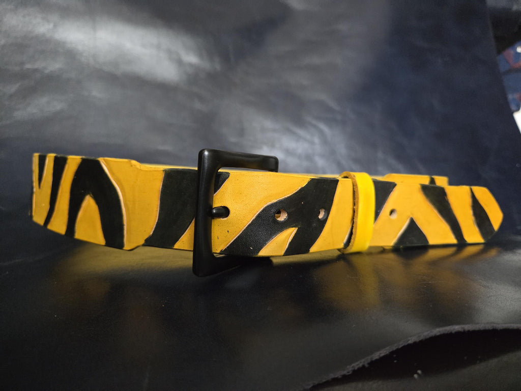 Leather tiger-stripe belt.
